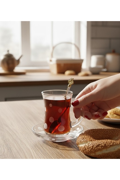 Keyif Dekorlu Kulplu Çay Seti 12 Parça 6 Kişilik - Desenli Cam Takım