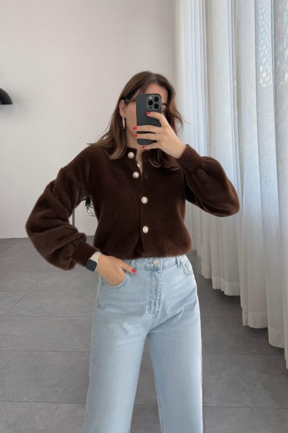 Shilsee Women's Pearl Buttoned Yumosh Brown Knitwear Cardigan