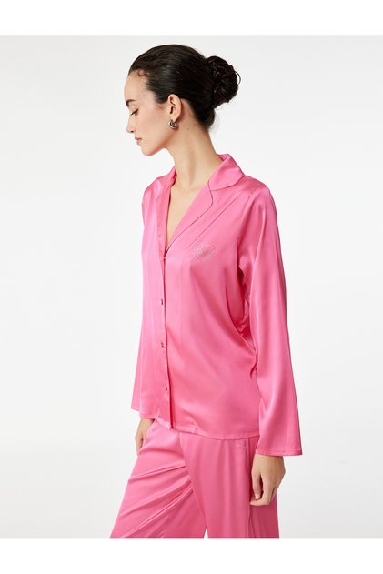 Long Sleeve Heart Shirt Collar Satin Pajama Top