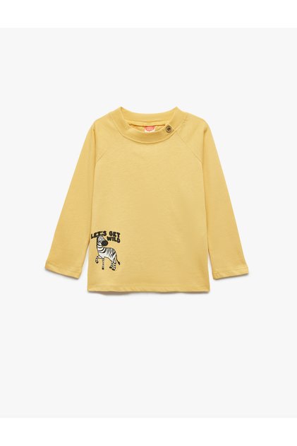 Cotton Oversize Long Raglan Sleeve Printed Button Crew Neck T-Shirt