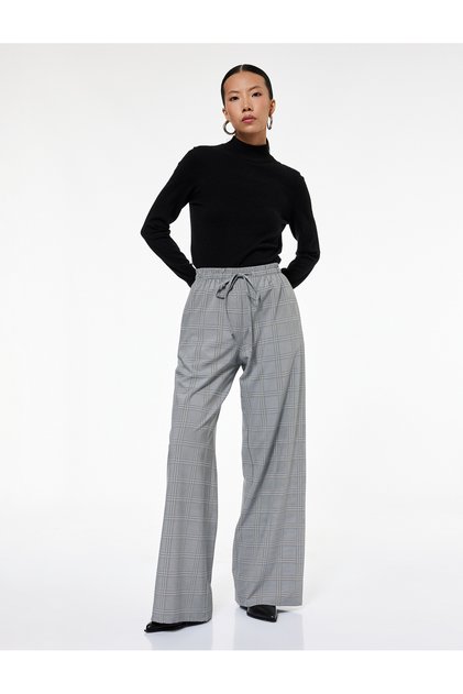 Checkered Wide-Leg Fabric Pants with Tie Waist