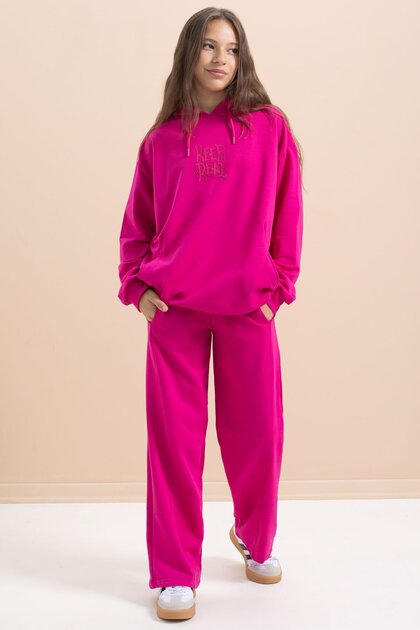 Fuchsia Text Printed Hooded Wide Leg Girls' Tracksuit Set 21432