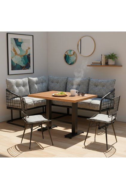 Viyana L Köşe Masa Takımı – 143x193 cm – 1 Masa + 2 Sandalye, Metal Ayaklı Modern ve Şık Tasarım