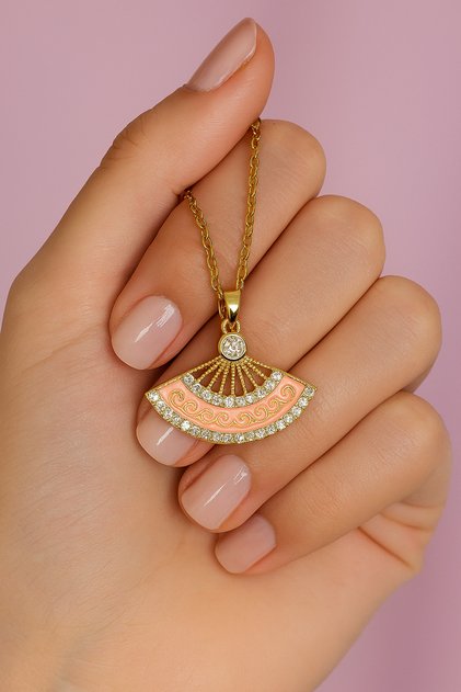 Women's Steel Zircon Stone Pink Fan Necklace