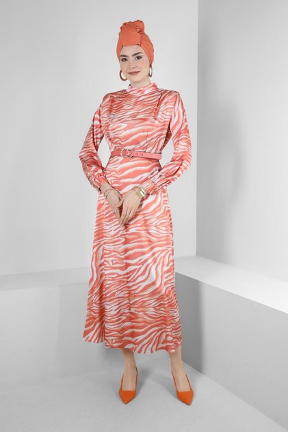 ZEBRA PATTERNED BELTED SATIN DRESS 43656