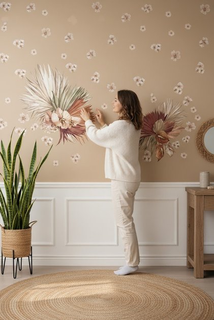 Boho Leaves and Flying Daisies Modern Wall Sticker Set