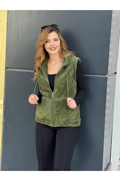 Kadın Haki Yeşil Kapşonlu Kolsuz Peluş Yelek