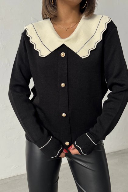 Women's Stylish Collar Detailed Buttoned Cardigan - Black