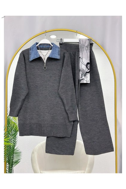 Denim Collar Half-Zip Knitwear Double Suit