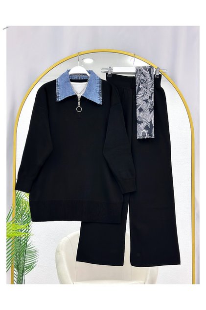 Denim Collar Half-Zip Knitwear Double Suit
