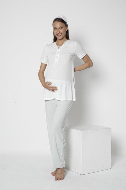 Maternity Lace Detailed Short Sleeve Pajama Set Breastfeeding Hospital Discharge 24-72