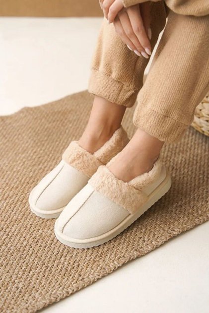 Moffy Beige Suede Fur Collar Silent Sole Home Shoes