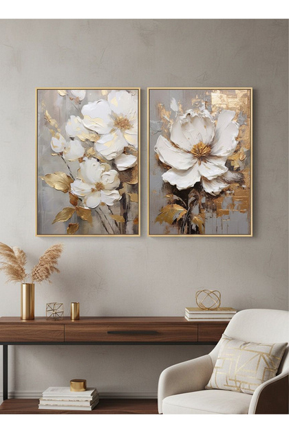 2li Gold Metal Çerçeve Gümüş Çiçek Camlı Tablo Seti