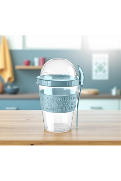 Titiz 600 ml Yogurt & Muesli Container with Spoon - Portable Bowl - Light Blue