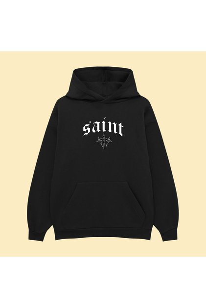 Saint X Chrome Hearts Unisex Oversize Black Cotton Hooded Printed Sweatshirt Hoodie