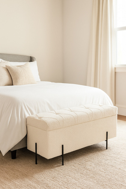 White Storage Bench with Tufted Seat & Black Metal Legs – Modern Ottoman 110×43×49 cm