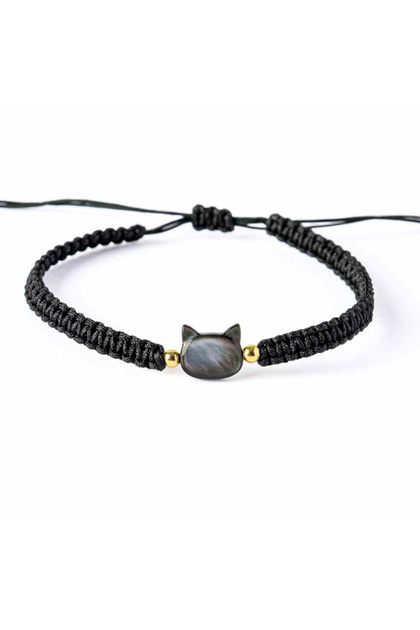 Protectie si Noroc - Bratara cu Charm Pisica din Scoica Naturala, Neagra