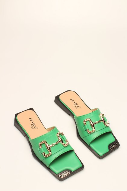 Green Leather Buckle Women's Slippers