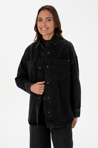 Cămașă neagră de damă din denim 50309856-DN0027
