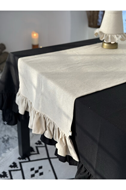 Natural Linen Rectangular Runner with Ruffles on Two Sides 40X120Cm