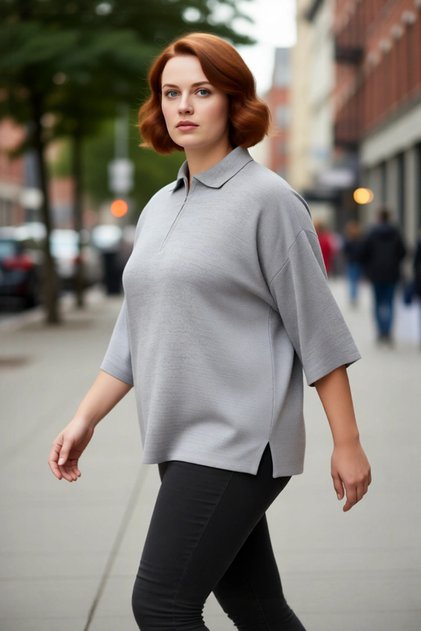 Women's Relaxed Fit Polo Neck Zipper Detail Low Sleeve Three Quarter Knitwear Sweater Plus Size Comfortable