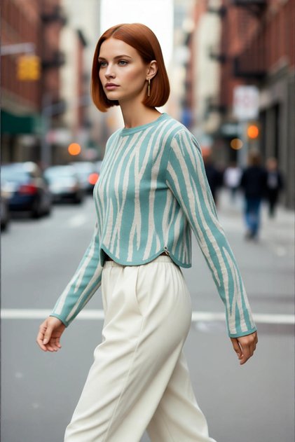 Women's Basic Acrylic Regular Fit Crop Long Sleeve Crew Neck Zebra Pattern Knitwear Sweater Quality