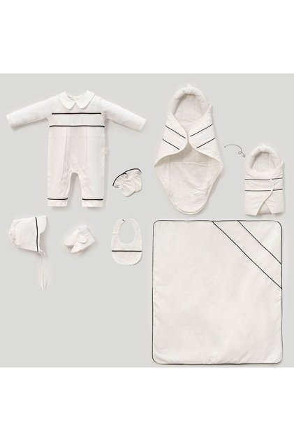 Mathias Navy Blue Piped Peter Pan collar Swaddled 7-Piece Hospital Set 100% Cotton Newborn Baby Boy