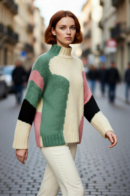 Women's Oversized Stand Collar Color Block Low Sleeve Thessaloniki Woven Long Knitwear Sweater Winter Outfits