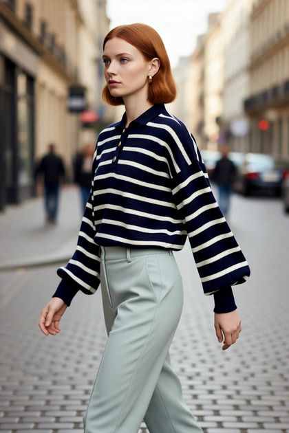 Women's Relaxed Fit Striped Polo Neck Low Sleeve Winter Knitwear Sweater Casual Chic Quality Stylish