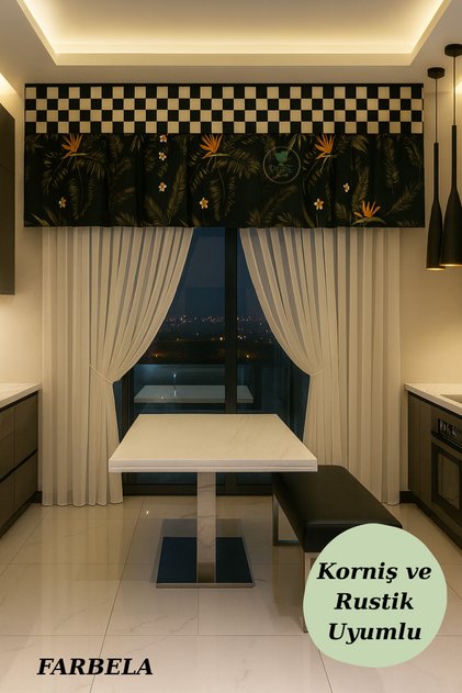 Siyah Çiçek Desenli Dekoratif Farbela, Kısa Modern Valans Perde Rustik & Korniş Uyumlu, Ekoseli