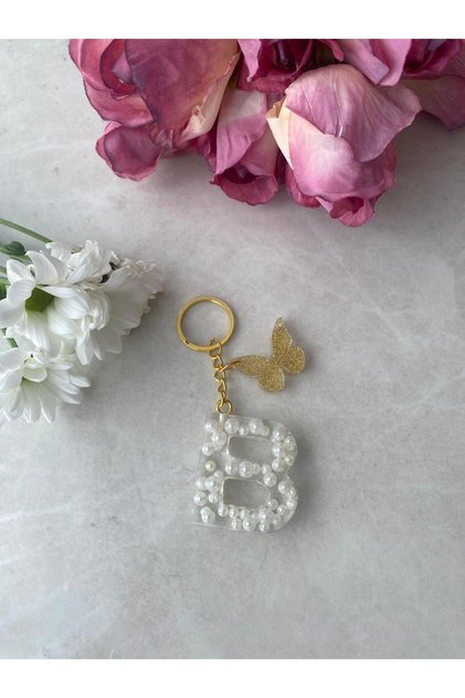 Letter B Pearl Detailed Keychain & Charm [with Pompom Option]