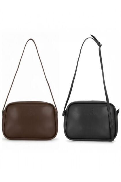 2-Piece Mini Strap Adjustable Crisscross Straps Women's Set Shoulder Bag (Light Brown - Black)