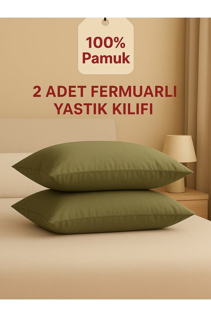 2 Adet Fermuarlı Pamuklu Haki Yastık kılıfı