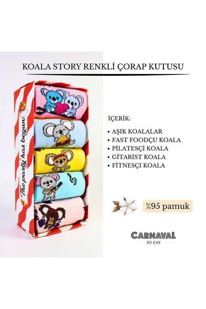 Set of 5 Koala Story Patterned Colorful Unisex Boxed Socks