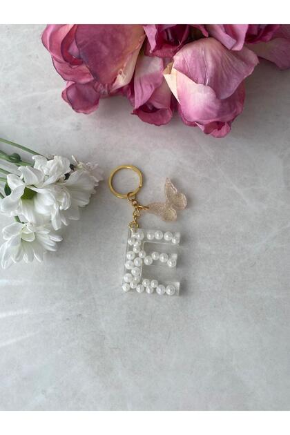 Letter E Pearl Detailed Keychain & Charm [with Pompom Option]