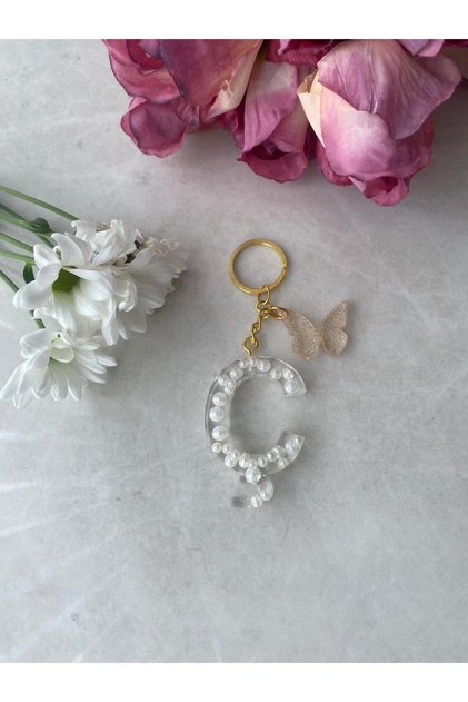 Letter C Pearl Detailed Keychain & Charm [with Pompom Option]