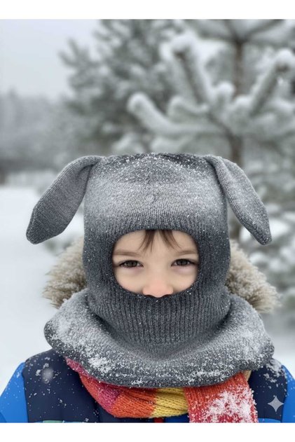 Children's Winter Knitwear Balaklava with Rabbit Ears and Crossing Yarn |   Beret with Neck Collar Balaclava Mask