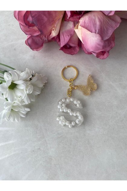 Letter S Pearl Detailed Keychain & Charm [with Pompom Option]