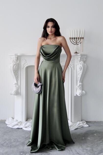 Rochie de seară din satin fără bretele cu drapaj pe piept kaki