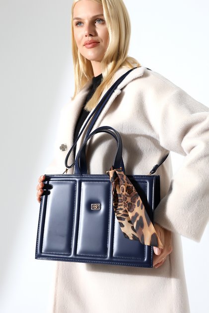 Navy Blue Women's Large Size Box Model Bag with Scarf Accessories Crossbody Shoulder and Hand Bag