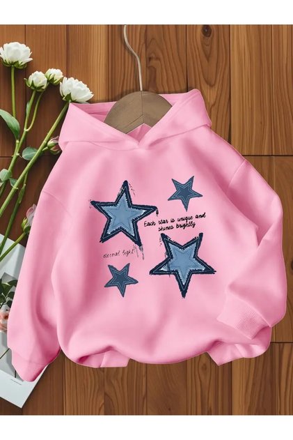 Blue Star Printed and Hooded Sweatshirt for Girls