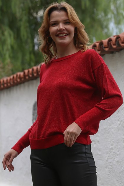 Red Round Neck Long Sleeve Thin Glitter Knitwear Sweater 65 62