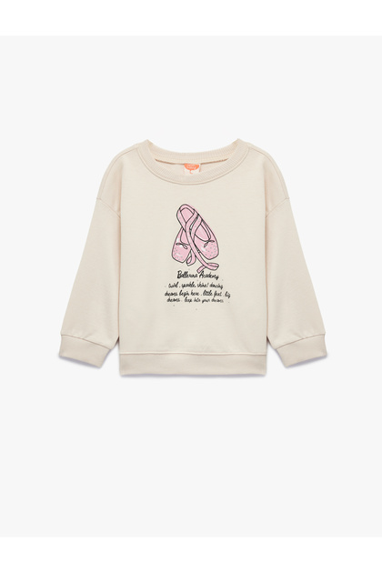 Uzun Kollu Bisiklet Yaka Pamuklu Baskılı Şardonlu Sweatshirt
