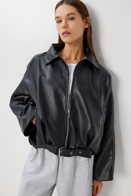 Belted Faux Leather Bomber Jacket Loh0013 Black