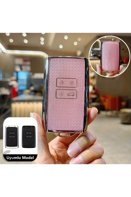 Renault Uyumlu Clio, Megane, E-tech, Austral, Koleos, Kadjar, Captur, Rafale, Boreal Elmas Kesim TPU Anahtar Kılıfı (Pembe)
