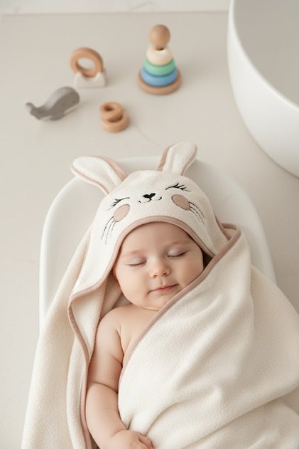 Baby Swaddle Towel 100% Cotton Embroidered 75X75Cm - Bunny Cream