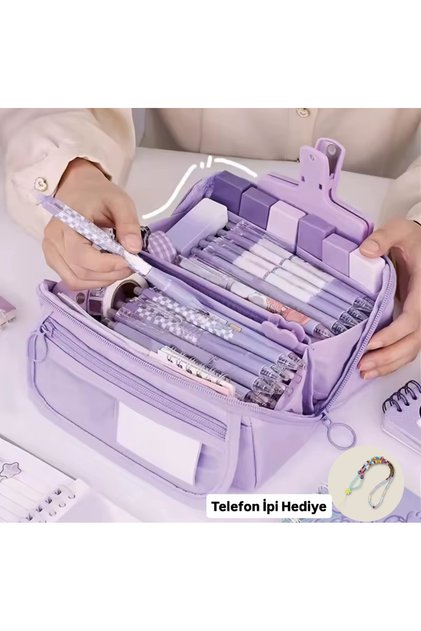 Kawaii Purple Color Multi-Compartment Large Capacity Pen Holder Pencil Case Organizer Makeup Bag