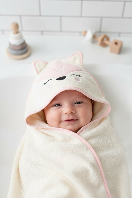 Kanz Bebek Kundak Havlu %100 Pamuk Nakışlı 75x75cm - Fox Pudra