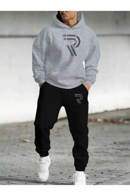 Unisex R Printed Hooded Sweatshirt and Jogger Sweatpants - Bottom Top Set