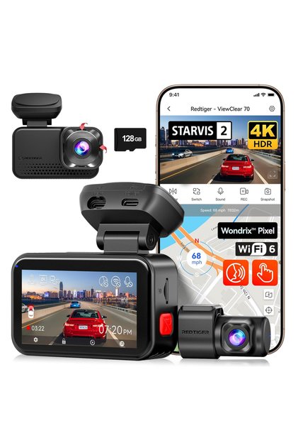 Cameră auto REDTIGER ViewClear 70 cu 2 canale, 4K+2.5K, Wi-Fi, vedere nocturnă color, ecran tactil de 3", GPS